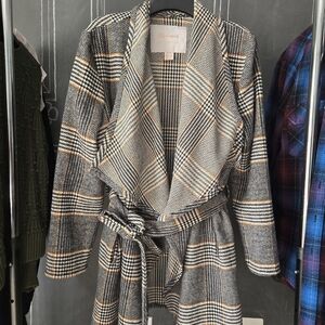 Plaid Houndstooth Belted Wrap Coat